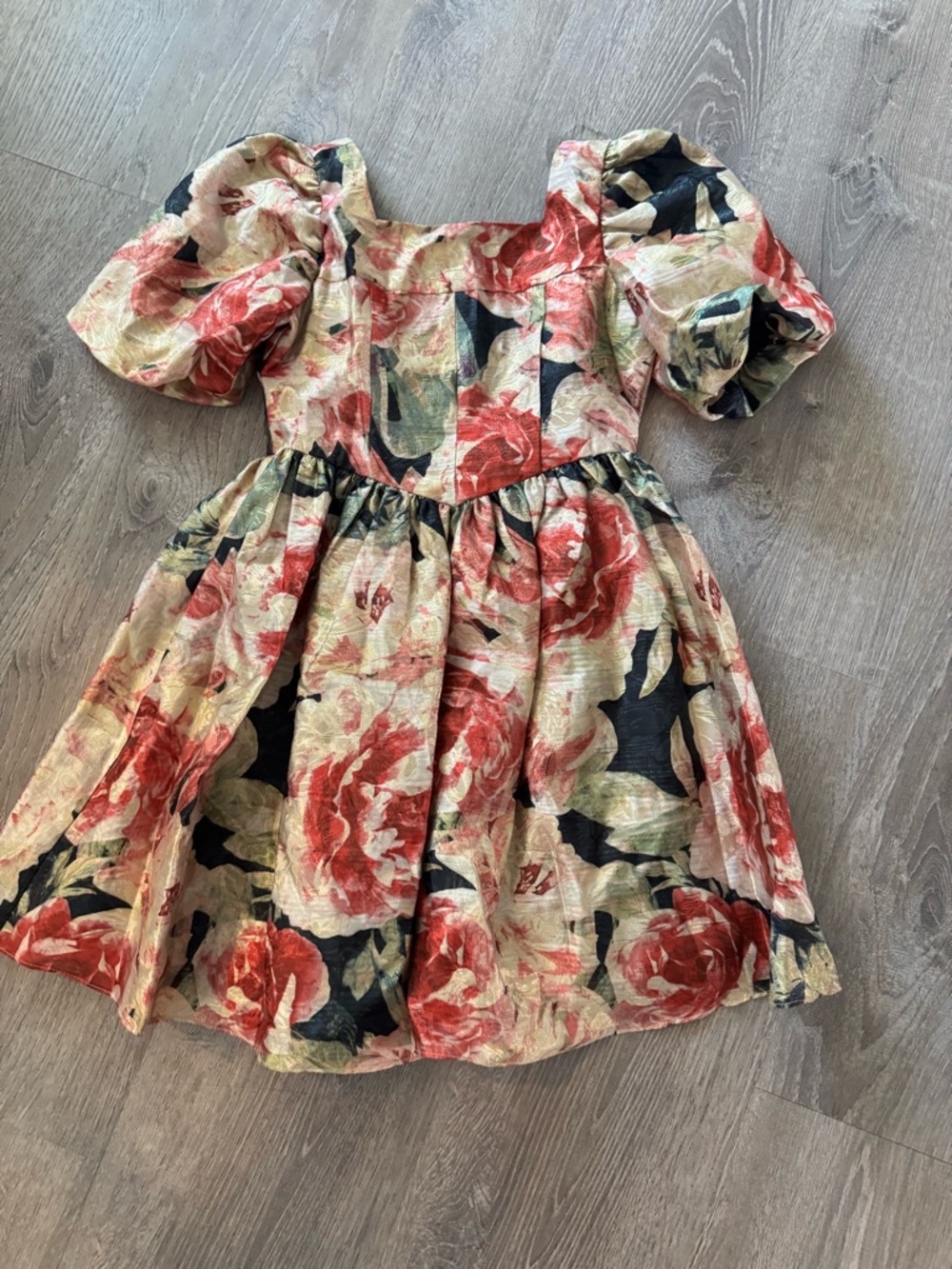 Rare Editions Floral Puff-Sleeve Dress - Red, Black & Cream